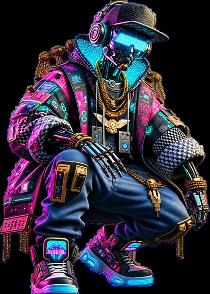 CHADBOT, a cyberpunk DJ robot in a pink and cyan techwear jacket