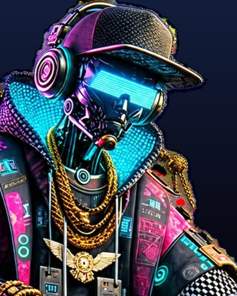 Close-up of CHADBOT: cyan visor, magenta headphones, cyan studded collar